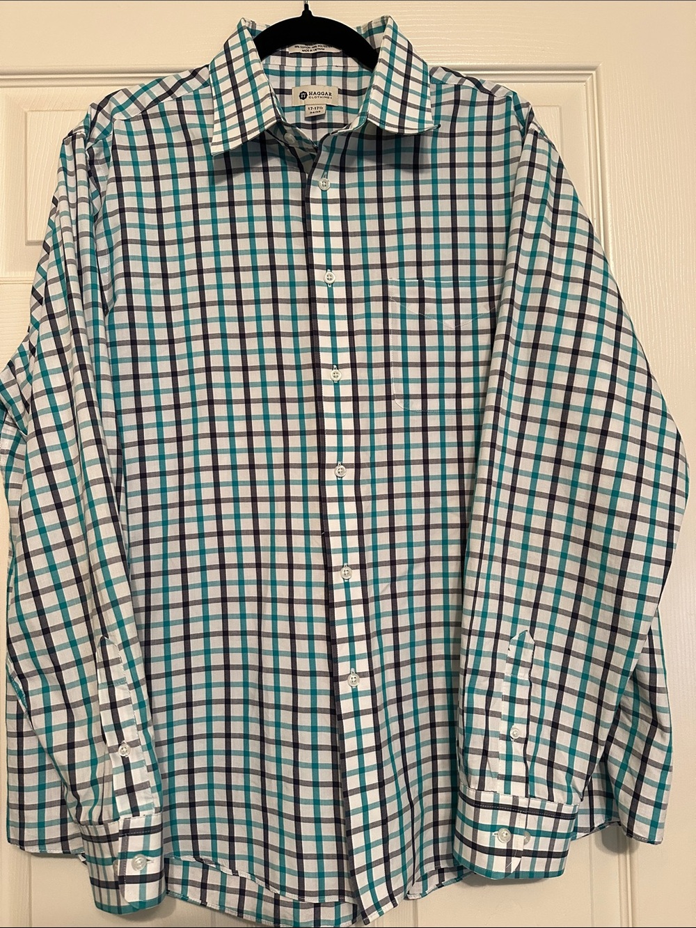 Haggar White Dress Shirt with Teal and Navy Plaid